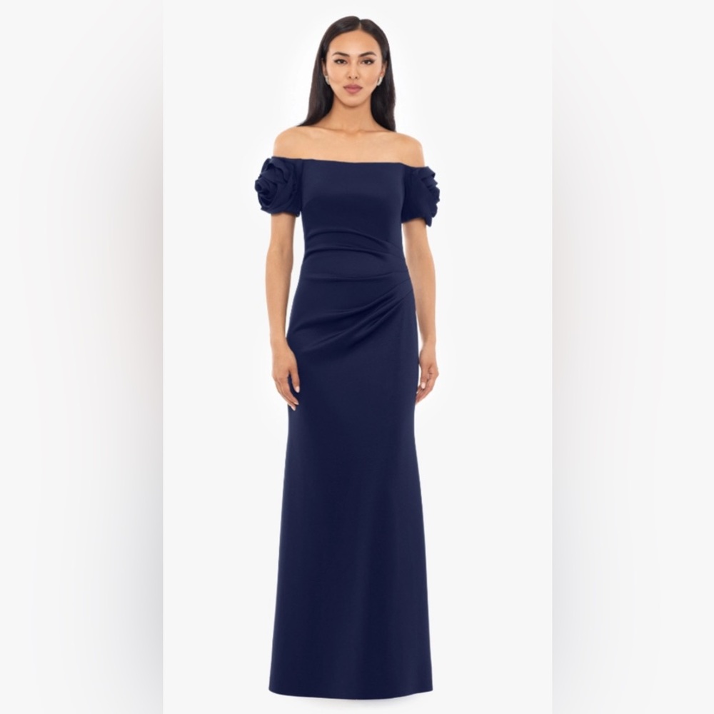 Xscape Navy Off-Shoulder Maxi Dress